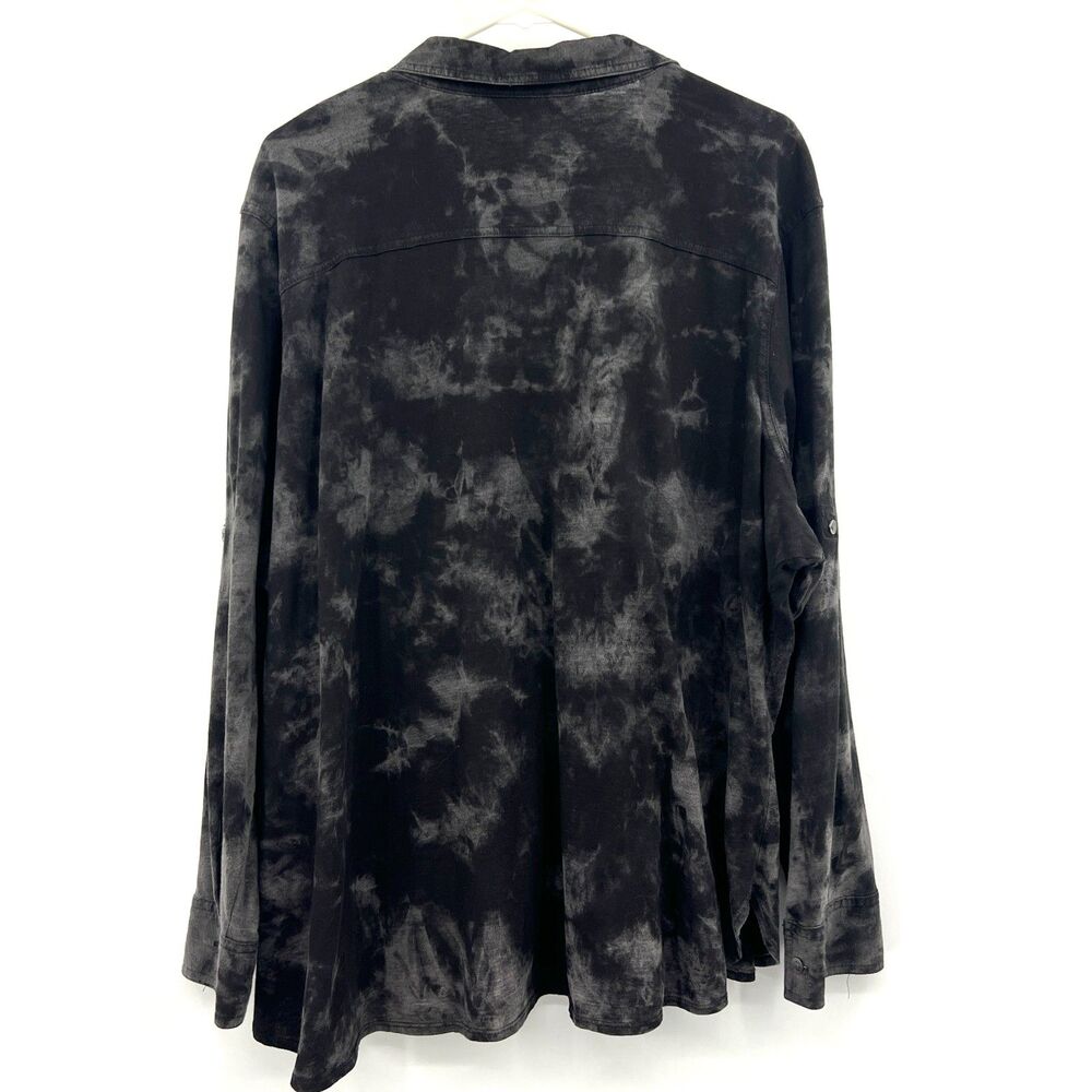 Rock & Republic Womens 2X Black Gray Tie Dye Button Up Shirt Long Sleeve Cotton